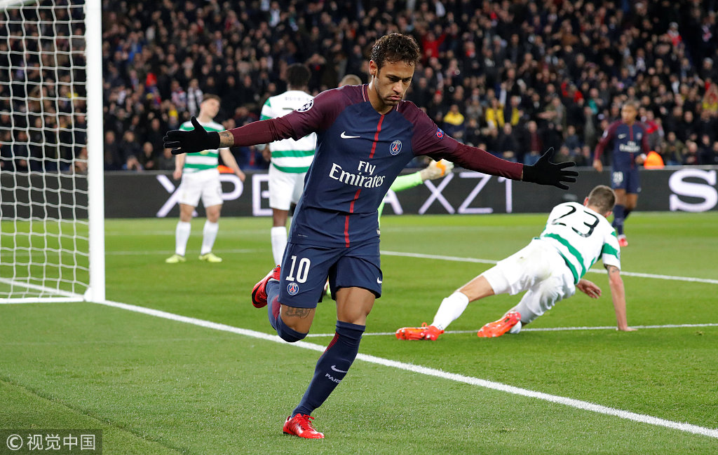 法甲焦点战巴黎圣日耳曼主场大胜，内马尔梅开二度展神威